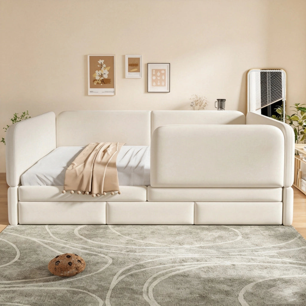 Letto per bambini imbottito 140x200 cm in velluto con sponde di sicurezza, cassetti contenitore, beige