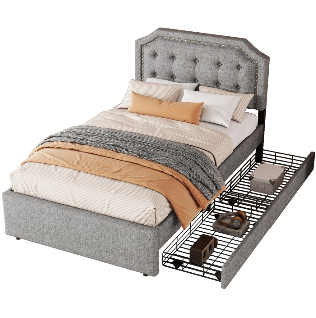 Letto singolo imbottito 90x200 cm grigio con 2 cassetti