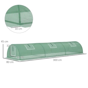 Serra a tunnel mini 300 x 80 x 45 cm in acciaio con copertura in PE e finestre a rete, verde