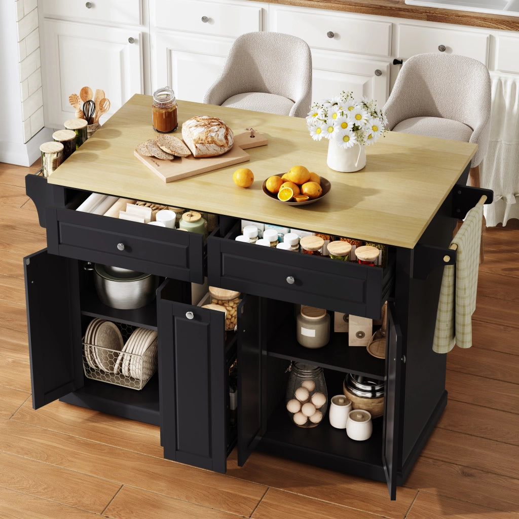 Isola cucina mobile con piano ribaltabile, cassetti verticali, 2 cassetti grandi e ruote frenanti