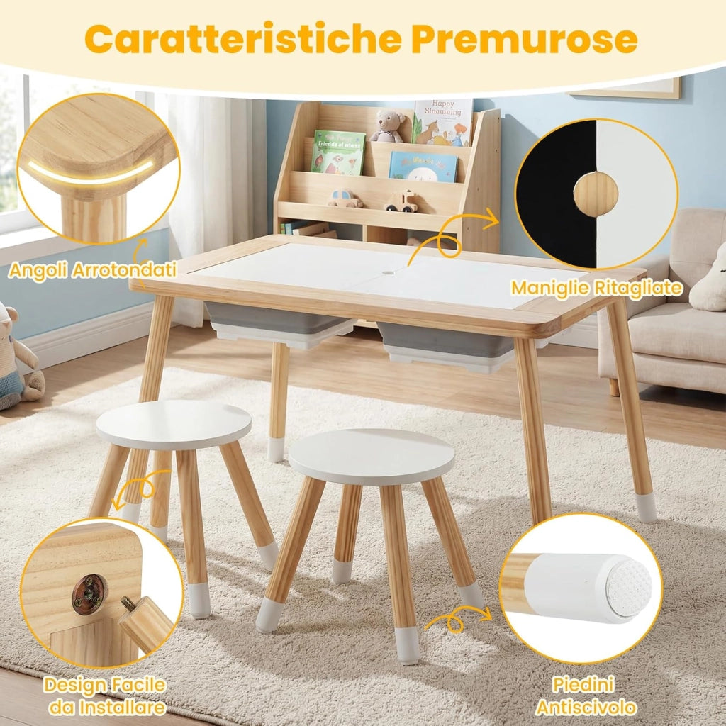 Set Tavolo con 2 Sedie per Bambini 3+ Anni, Tavolo e Sedie con Piano Doppio Lato Rimuovibile e 2 Contenitori, Gambe Robuste in Legno, Tavolo Attività per Gioco e Disegno (con Sedie Rotonde)