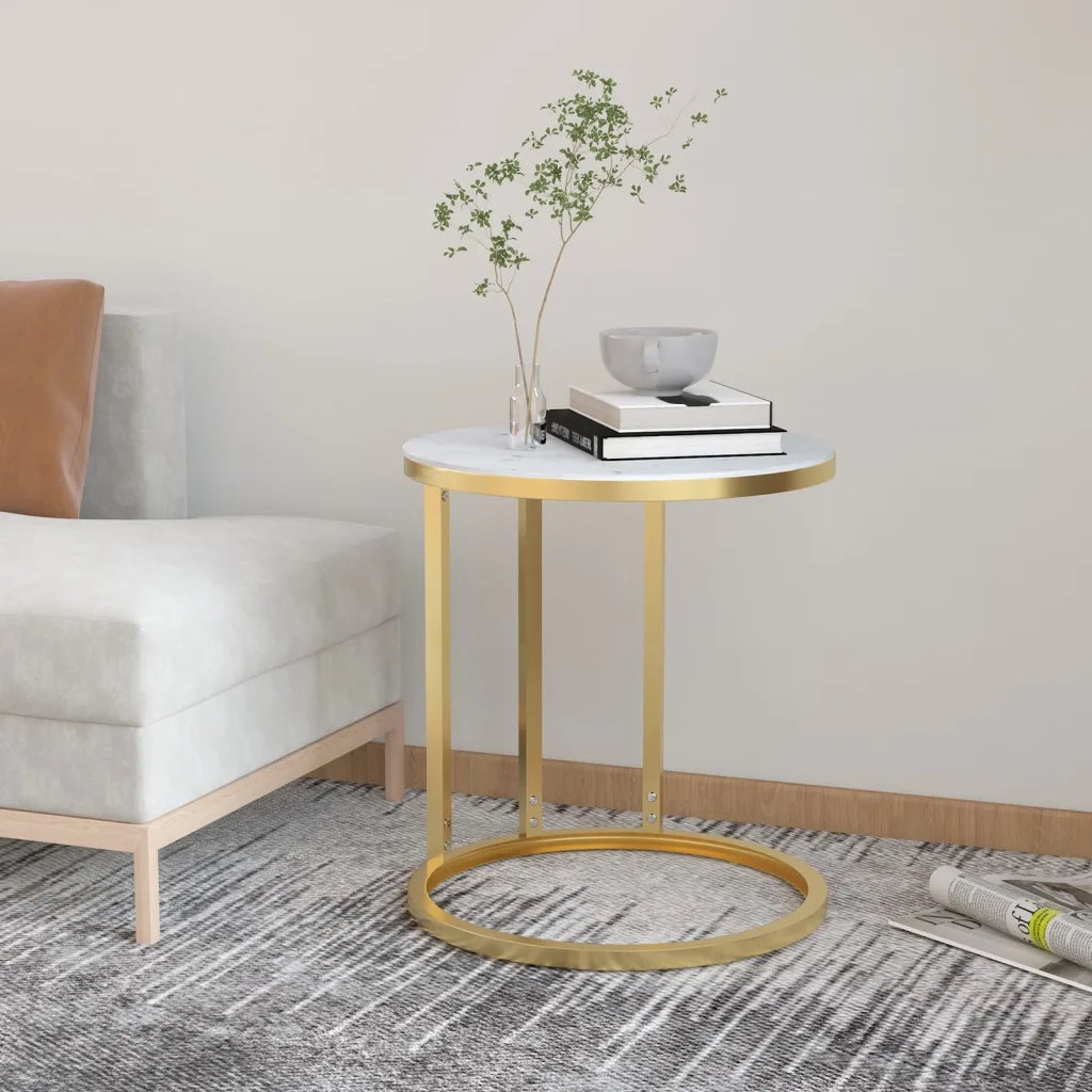 Tavolino | Tavolo laterale Oro e Marmo Bianco 45 cm in Vetro Temperato