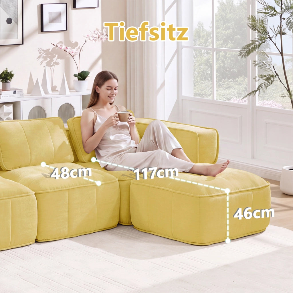 Divano angolare modulare a 2 posti senza struttura con pouf e seduta profonda in poliestere giallo 198 × 162 × 67 cm