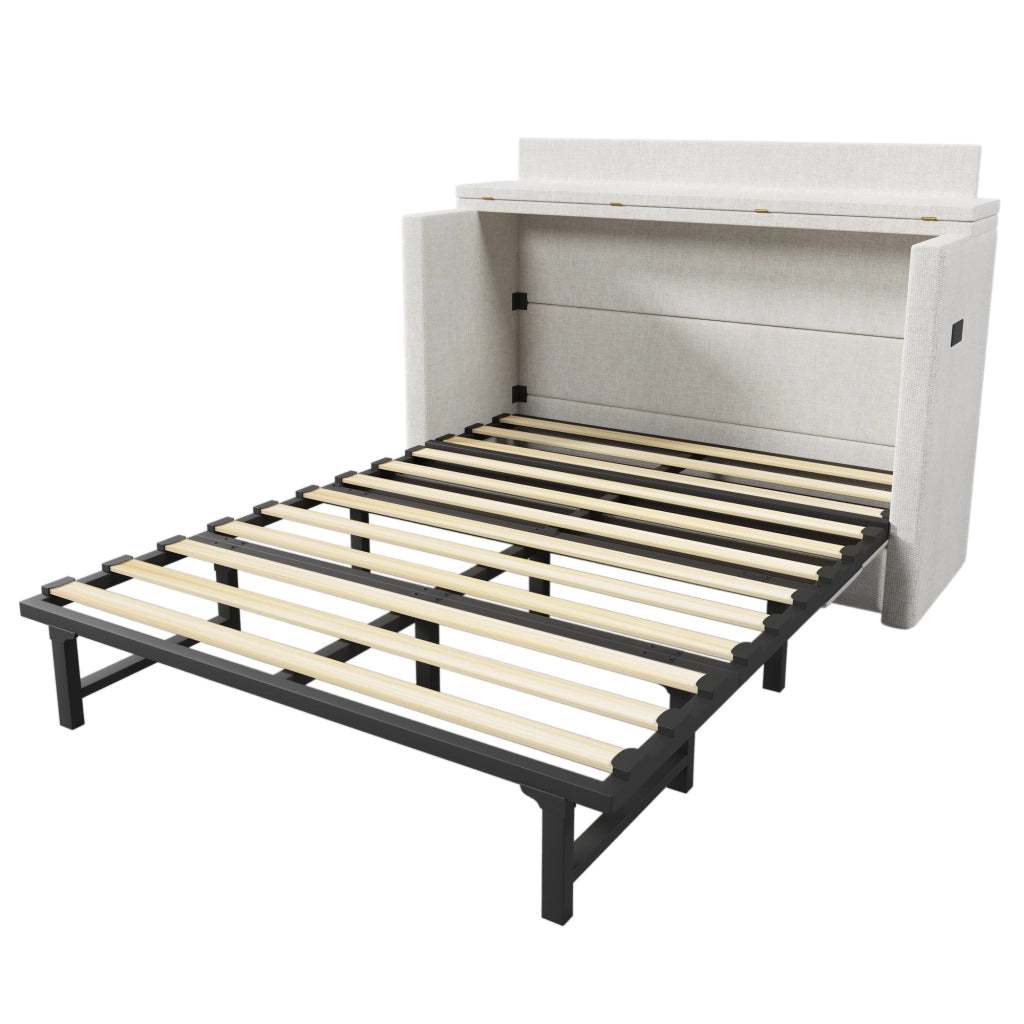Letto salvaspazio matrimoniale 140×200 cm con cassetto; USB e Type-C; senza materasso; lino; beige