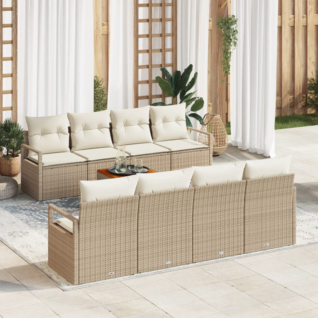 Set divano da giardino a 9 pezzi con cuscini beige in rattan sintetico acetato