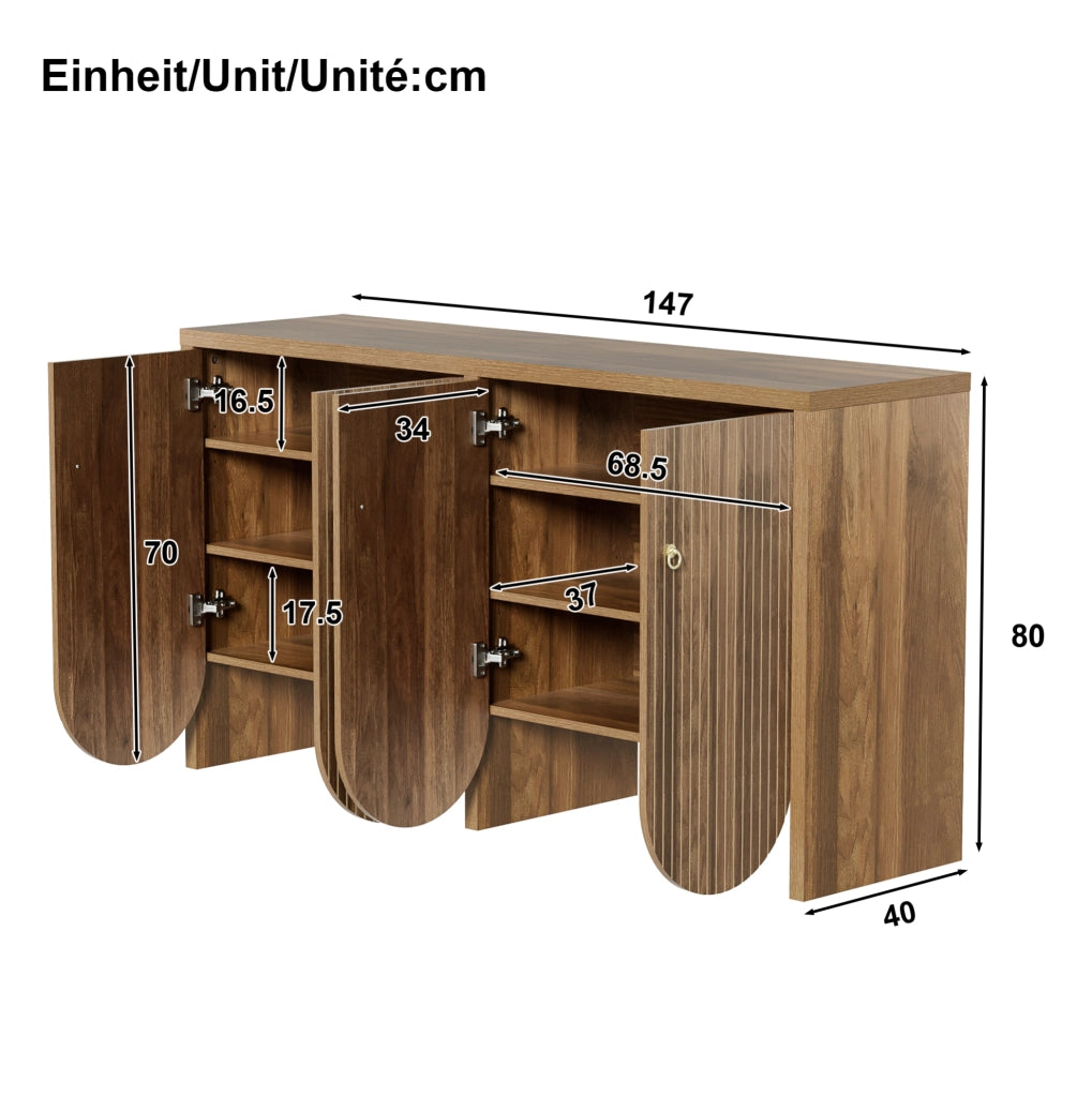 Credenza ULEVR 147x40x80 cm con 4 ante e ripiani regolabili, MDF effetto noce