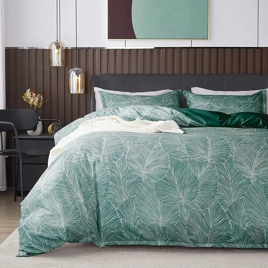 Coperta da letto, 140 x 200 cm, verde, verde scuro, foglie, disegno, coperta da letto, microfibra, palme tropicali, coperta da letto reversibile con chiusura a zip e cuscino, 70 x 90 cm