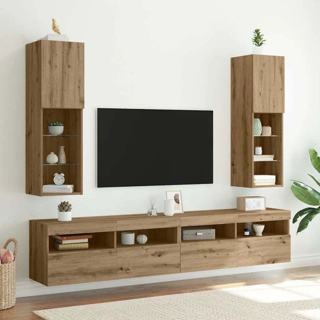 vidaXL Mobili TV con Luci LED 2 pz Rovere Artigianale 30,5x30x102 cm