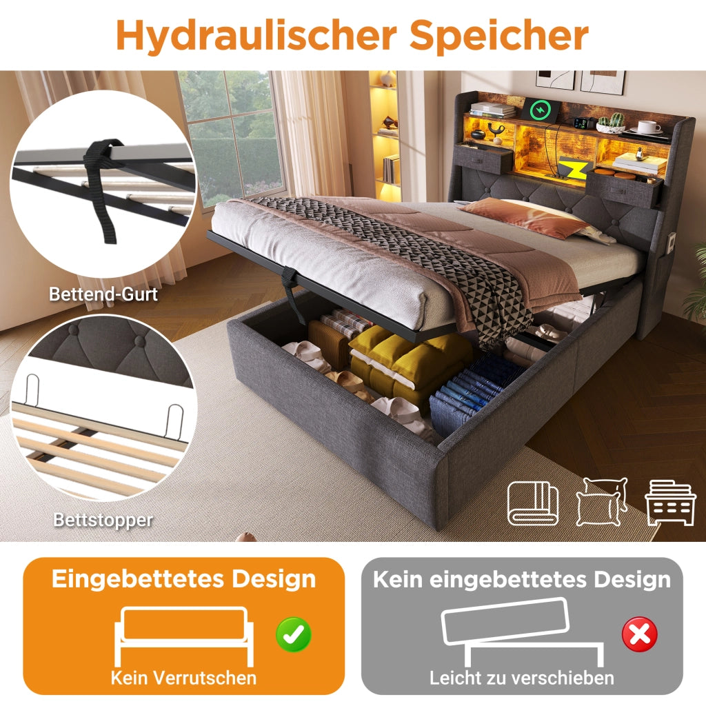 LETTO contenitore 90x200 cm in lino grigio con LED, USB e testiera con ripiano
