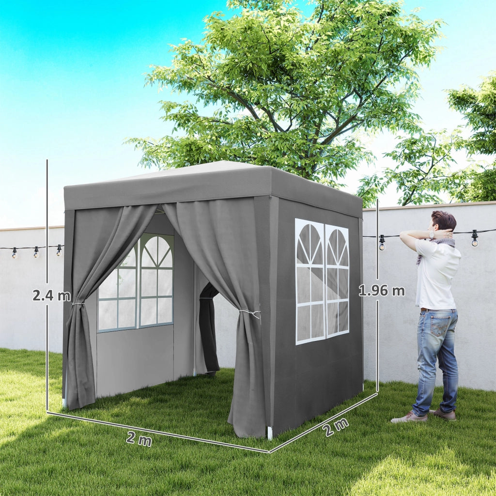 Gazebo Pieghevole 2x2 m con 4 Pareti Rimovibili in Metallo e Poliestere Grigio