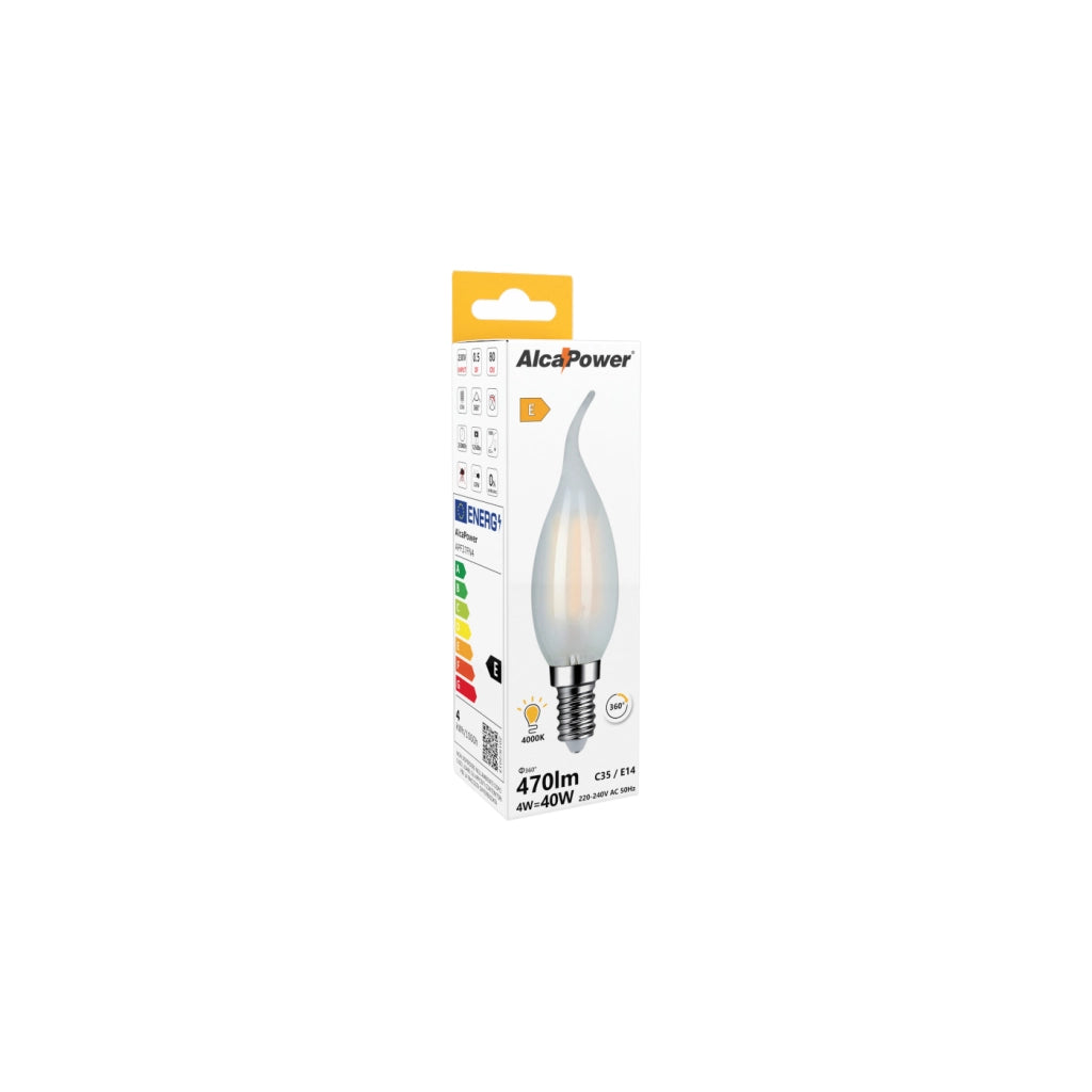 Alcapower Lampadina LED Fiamma C37 Vetro Frost E14 4W 470lm 4000K Luce Naturale, Design Elegante a Candela per Illuminazione Interna Efficiente