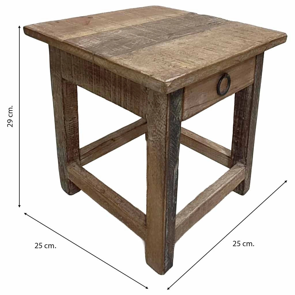 Sgabello con cassetto in legno con finitura artigianale marrone 25x25x29 h cm