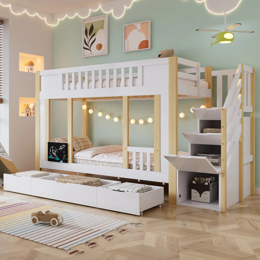 OKWISH Letto a Castello 90×200 cm, Letto Singolo con Scala Contenitore, 3 Cassetti e Lavagna, senza Materasso, Bianco Naturale