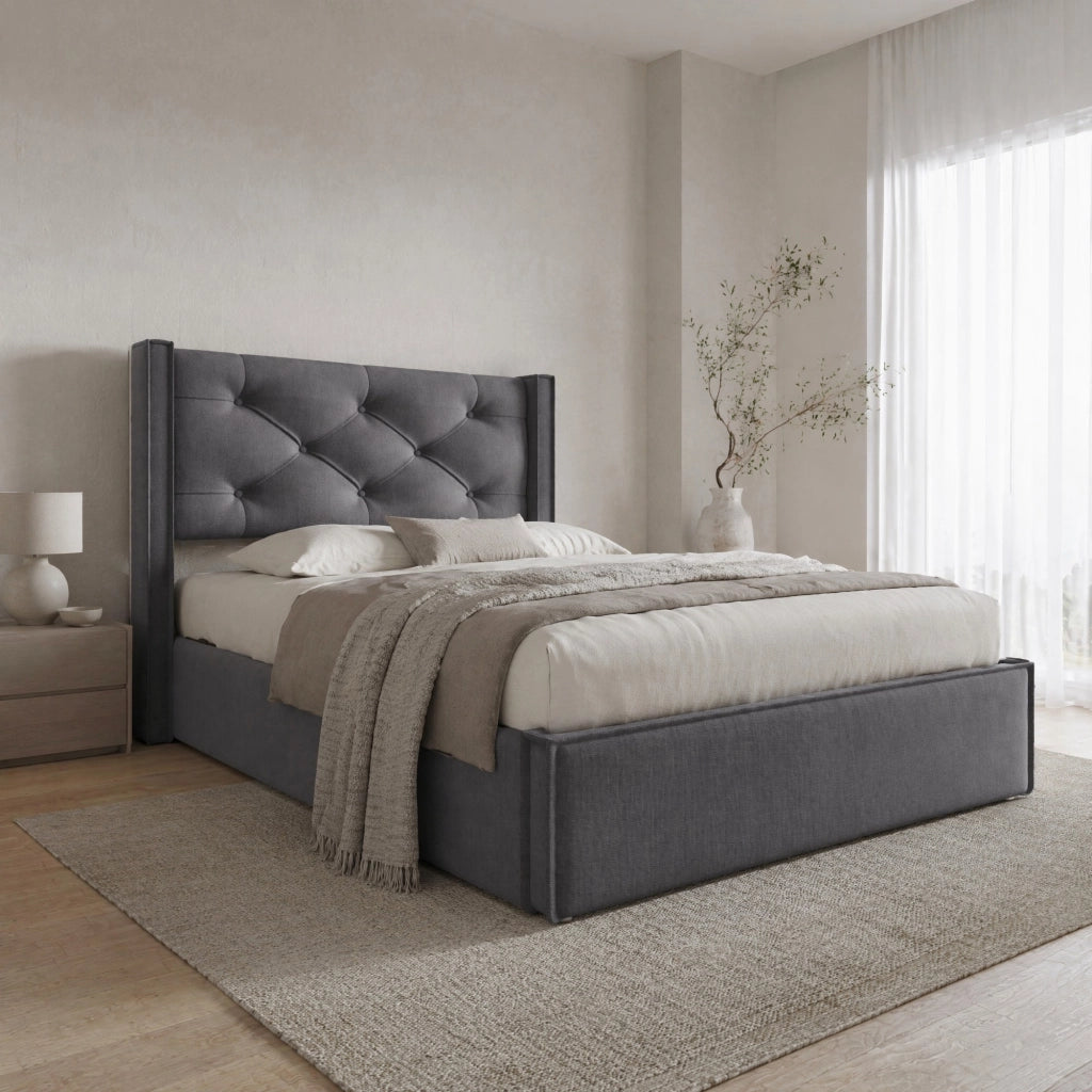 Letto imbottito 90x200 cm con contenitore, rete a doghe in legno di pino, grigio