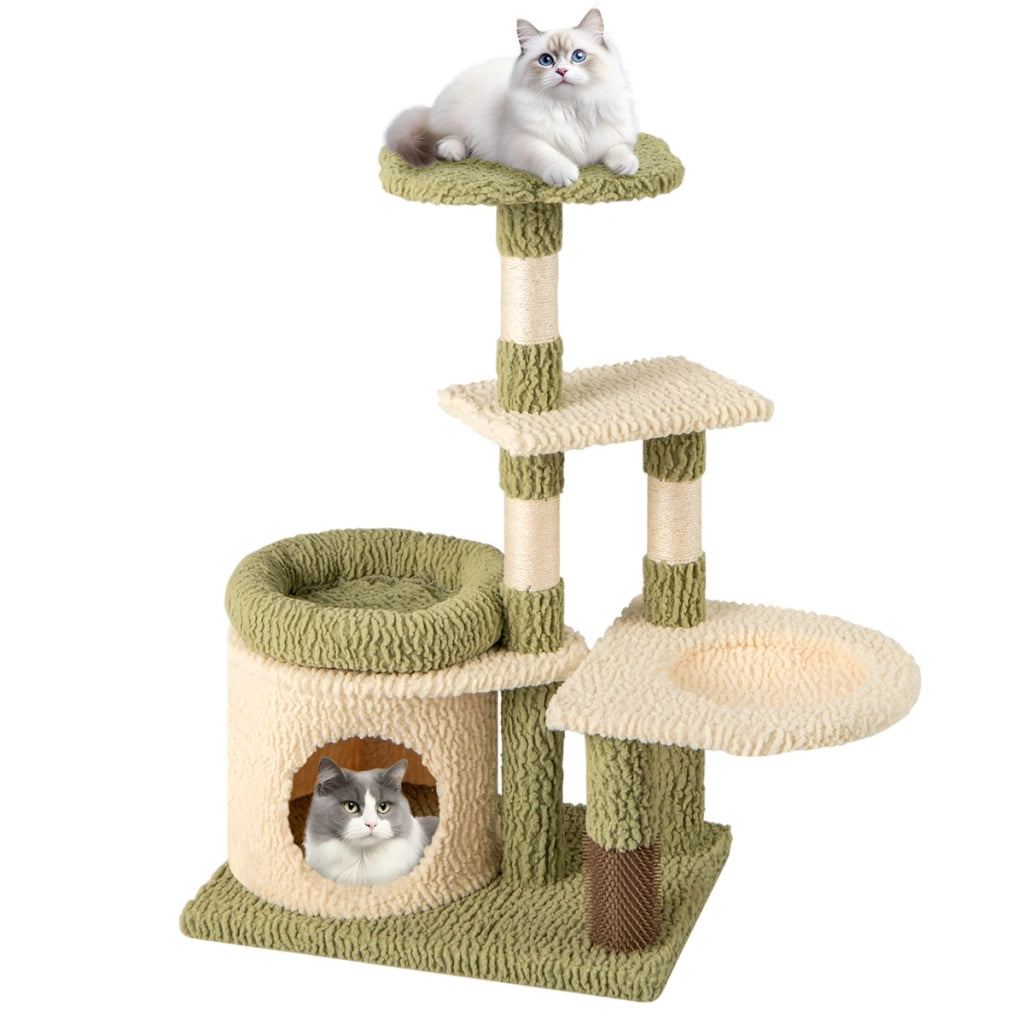 Albero per gatti alto 97cm con pali di sisal per graffiature, Torre multi-livello estetica con condominio Verde-Alberi Tiragraffi