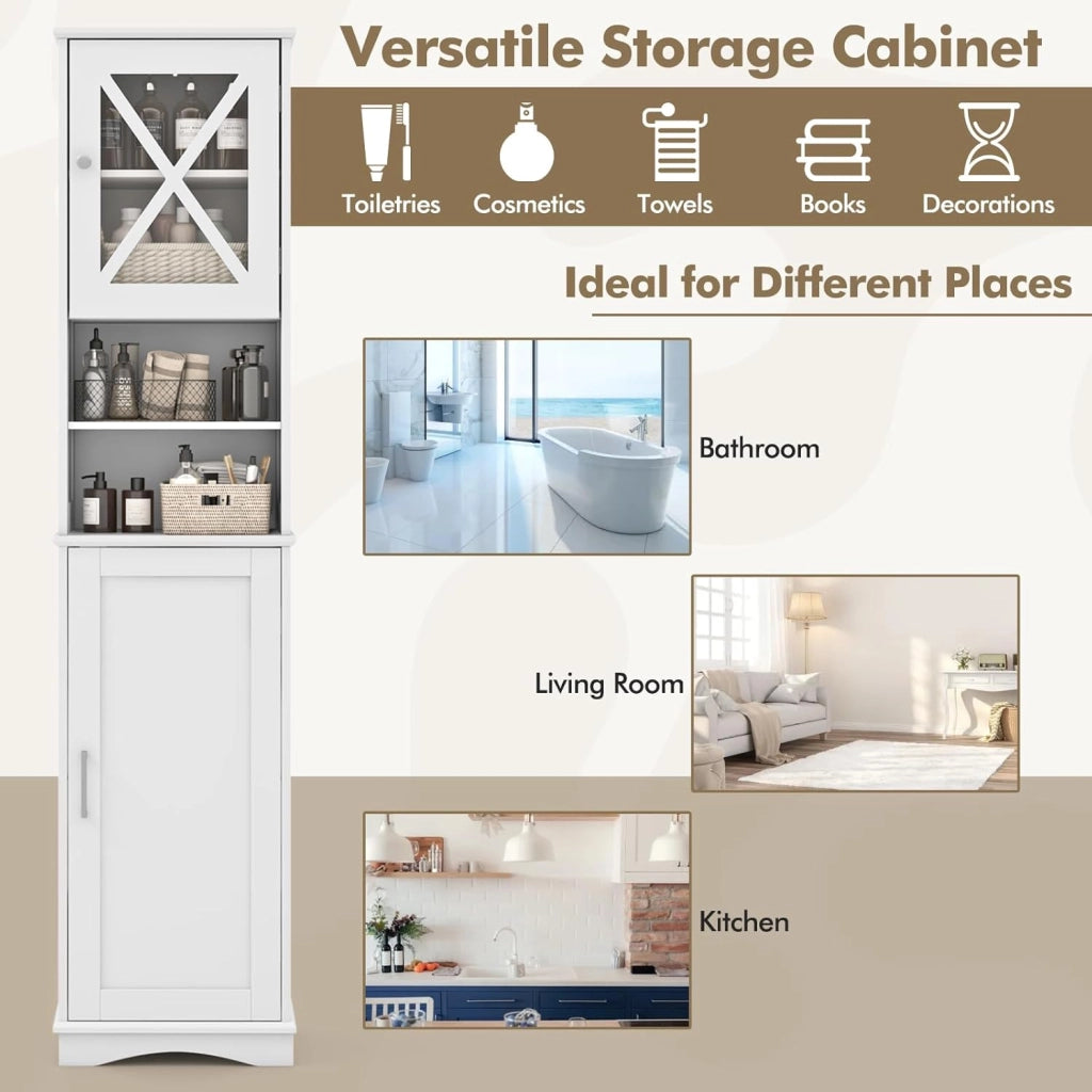 Armadietto da Bagno Slim con 2 Ante, Ripiano Regolabile e 2 Scomparti Aperti, Mobile Alto per Bagno e Soggiorno, Moderno，2 Colori