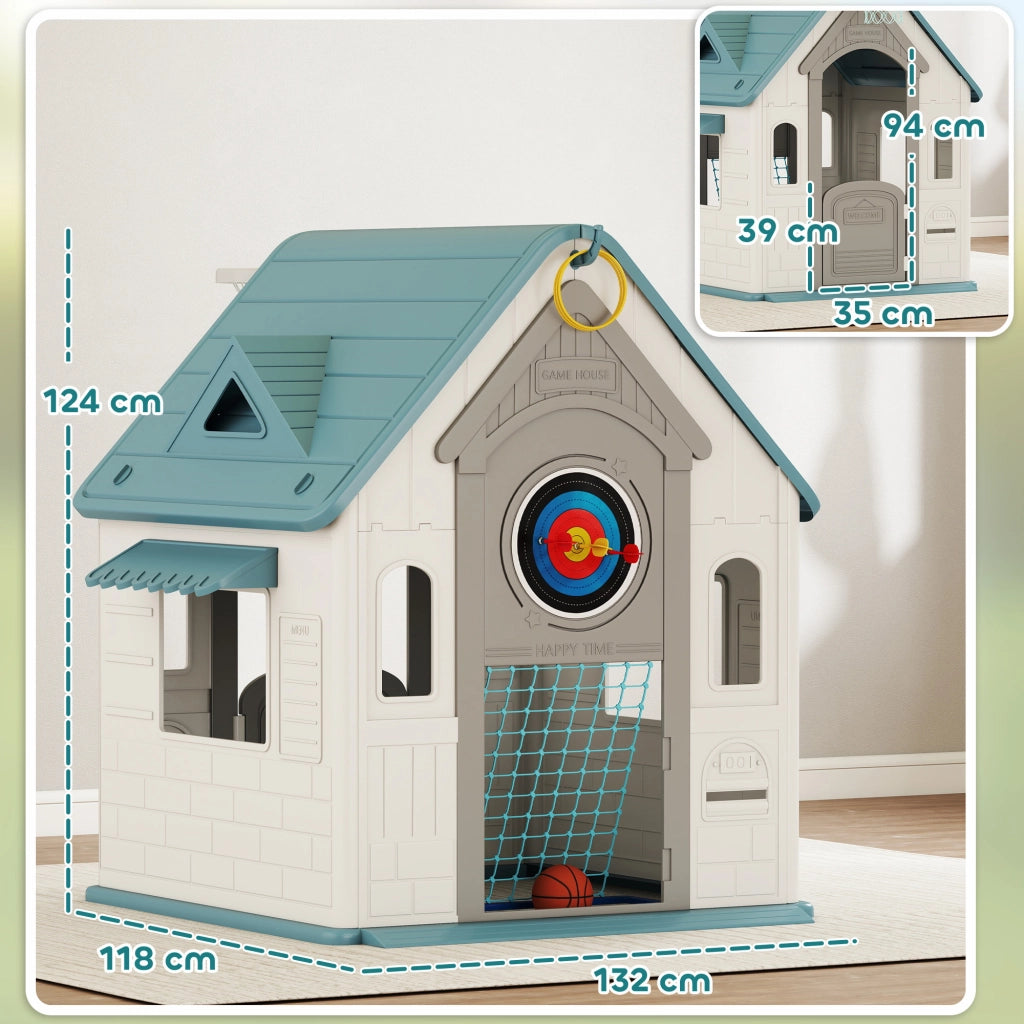 Casetta per Bambini 5 in 1 in PP Multicolore con Palla da Basket, Anelli e Freccette, 132x118x124 cm