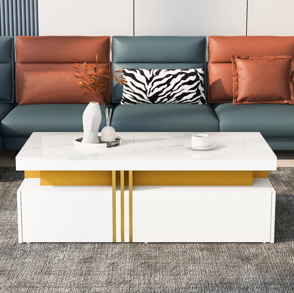 Tavolino da caffè bianco 100x50x40 cm con 2 cassetti e piano marmorizzato