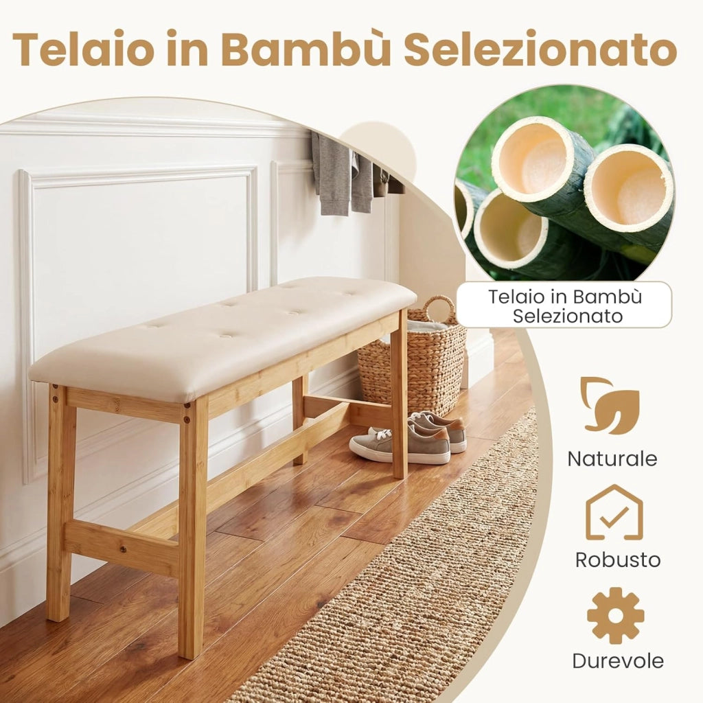 Panca Imbottita da 100 cm, Portata 200 kg, Panca con Bottoni Capitonné a Fine Letto con Seduta Imbottita, Finta Pelle Liscia e Struttura Robusta in Bambù per Camera da Letto e Ingresso