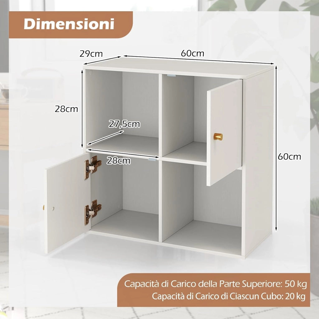 Libreria a 4 Cubi, Scaffale a 3 Piani con Doppio Kit Anti-Ribaltamento e 2 Armadietti, Organizzatore da Terra in Legno per Ufficio, Soggiorno e Camera da Letto, 60 x 29 x 60 cm