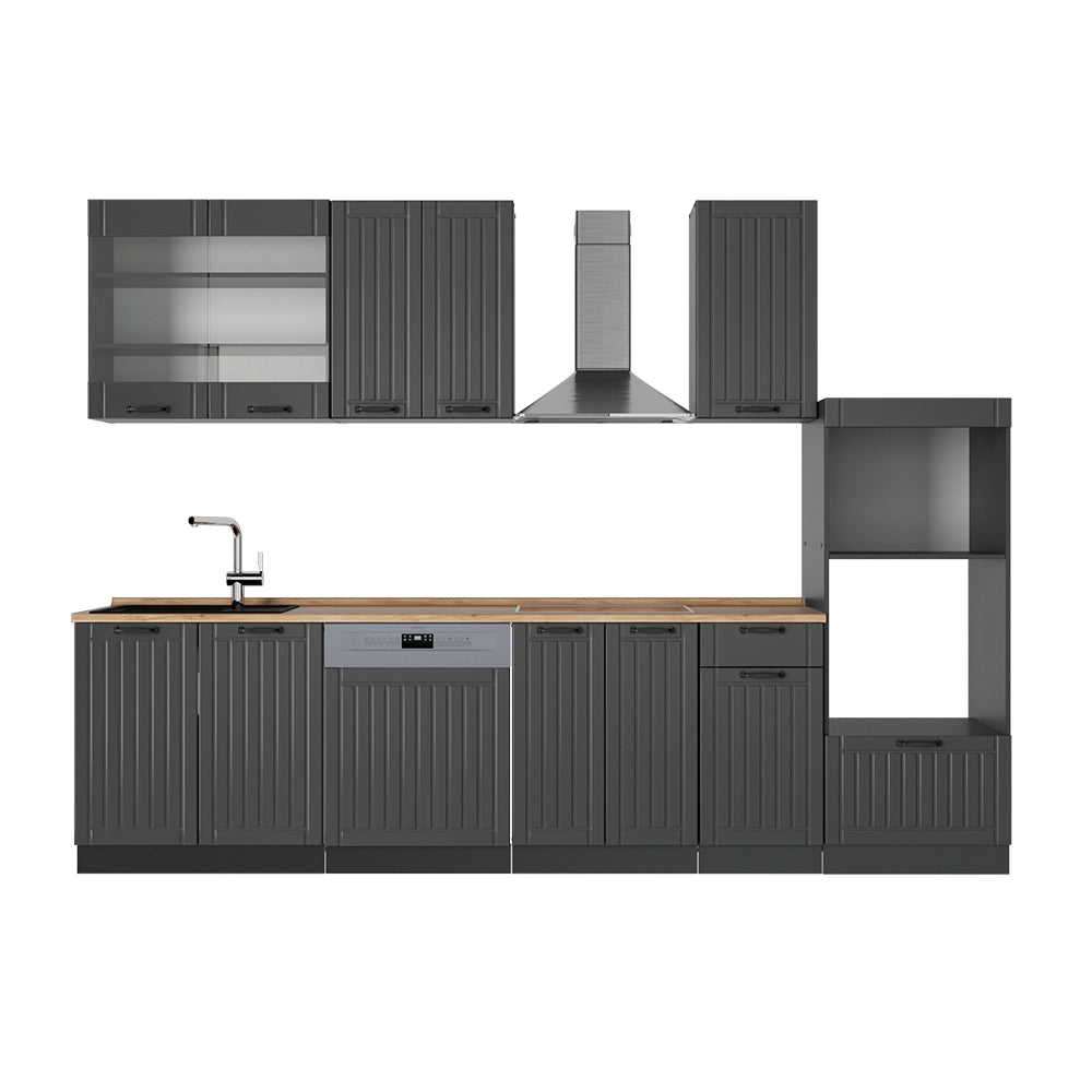 Cucina componibile Fame-Line Grigio scuro/Antracite 300 cm con armadio alto, PL Rovere Vicco