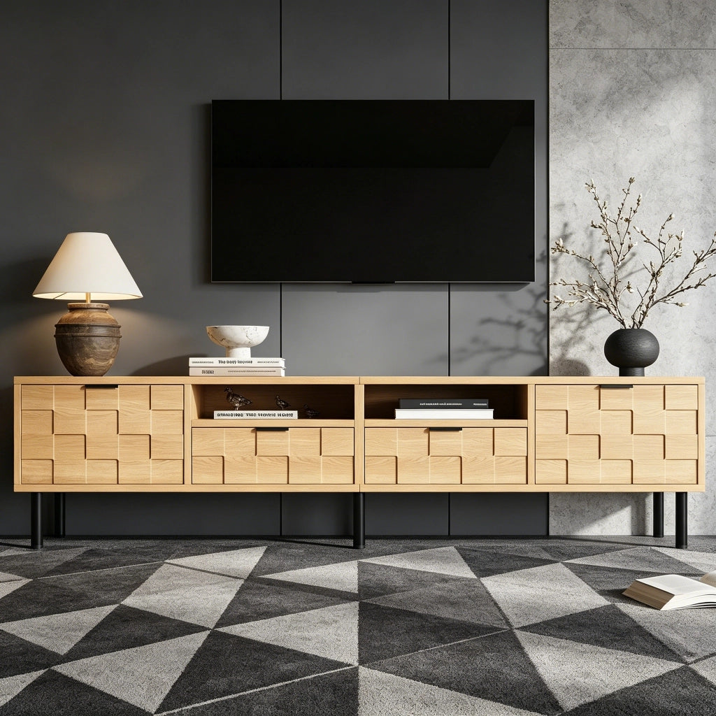 Mobile porta TV con 2 ante, 2 cassetti e 2 vani aperti per soggiorno in MDF e truciolato naturale 200 × 35 × 44,5 cm