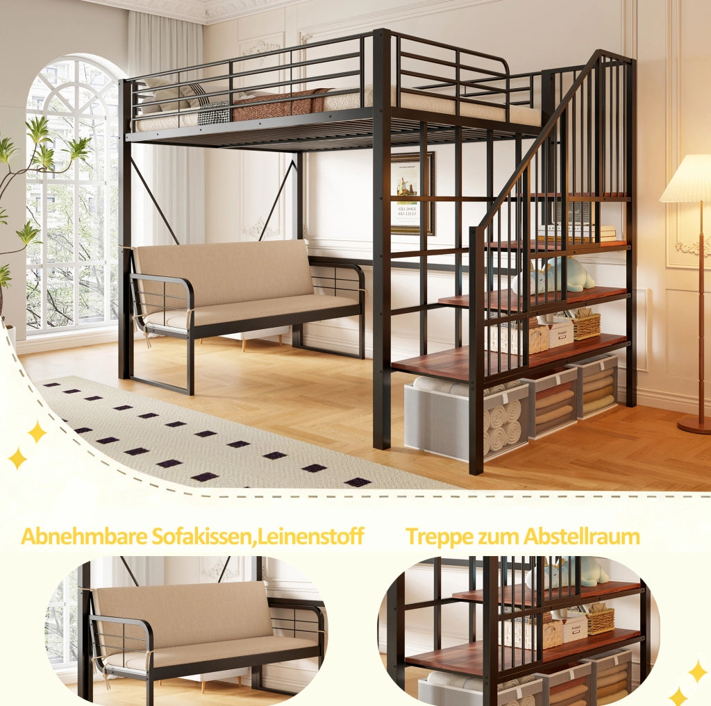 Letto a castello 140 x 200 cm in metallo con divano imbottito e scala contenitore