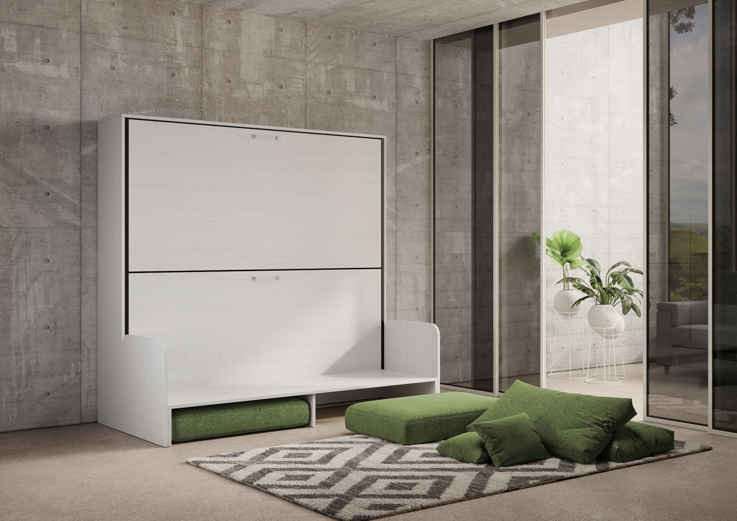 Letto Doppio A Scomparsa Kando Con Divano Con Materassi Bianco Frassino e Verde