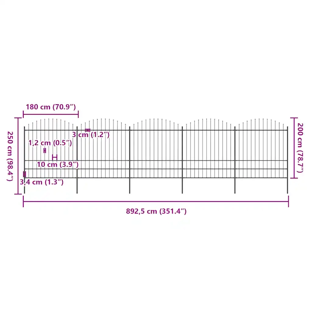 Recinzione Giardino Punta a Lancia (1,75-2)x8,5m Acciaio Nera