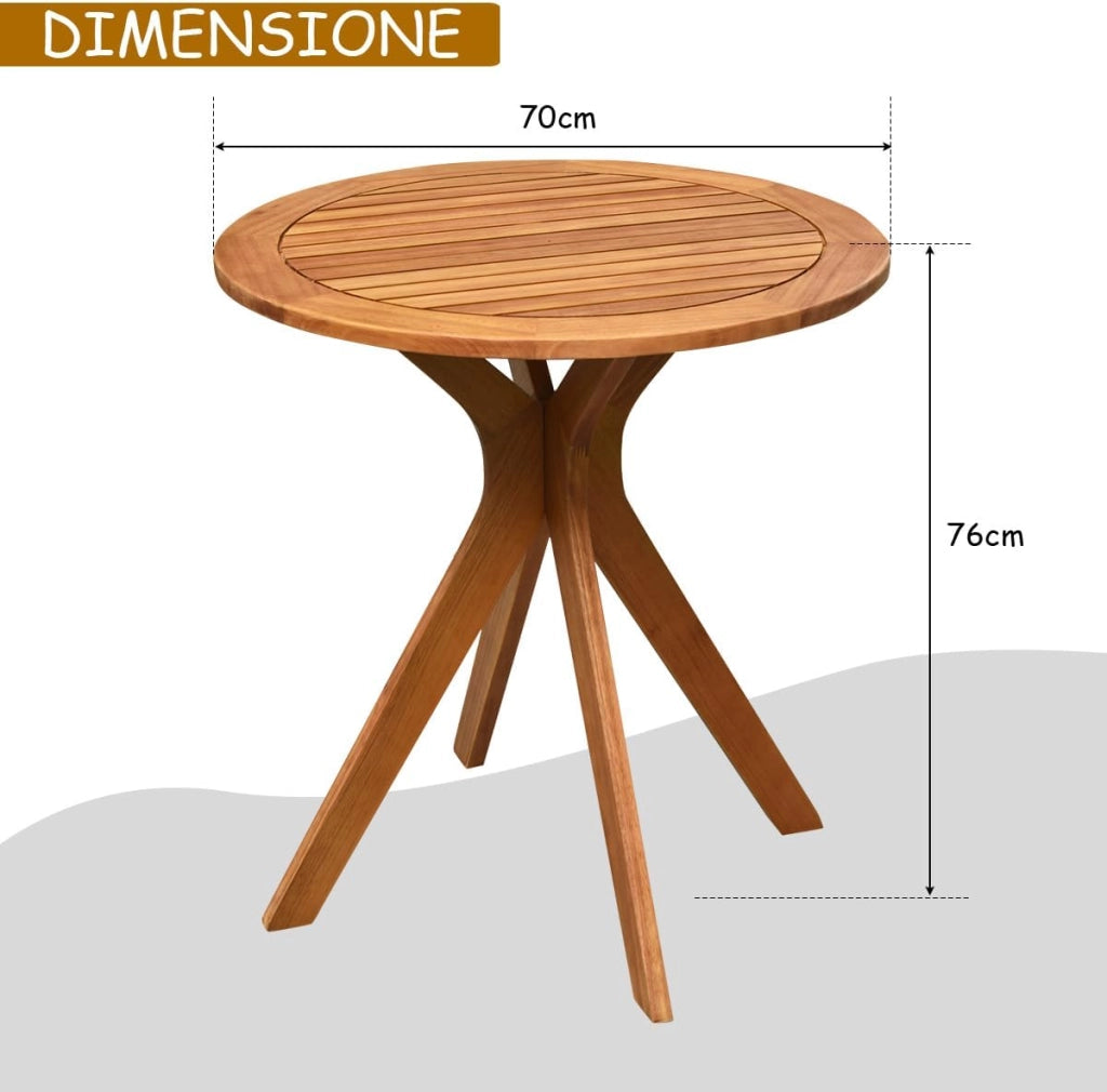 Tavolino Laterale da Giardino in Legno per Esterni, Tavolo Rotondo da 70 cm con Base a X, Tavolino da Caffè per Giardino, Cortile, Patio, Soggiorno, Portata 50 kg