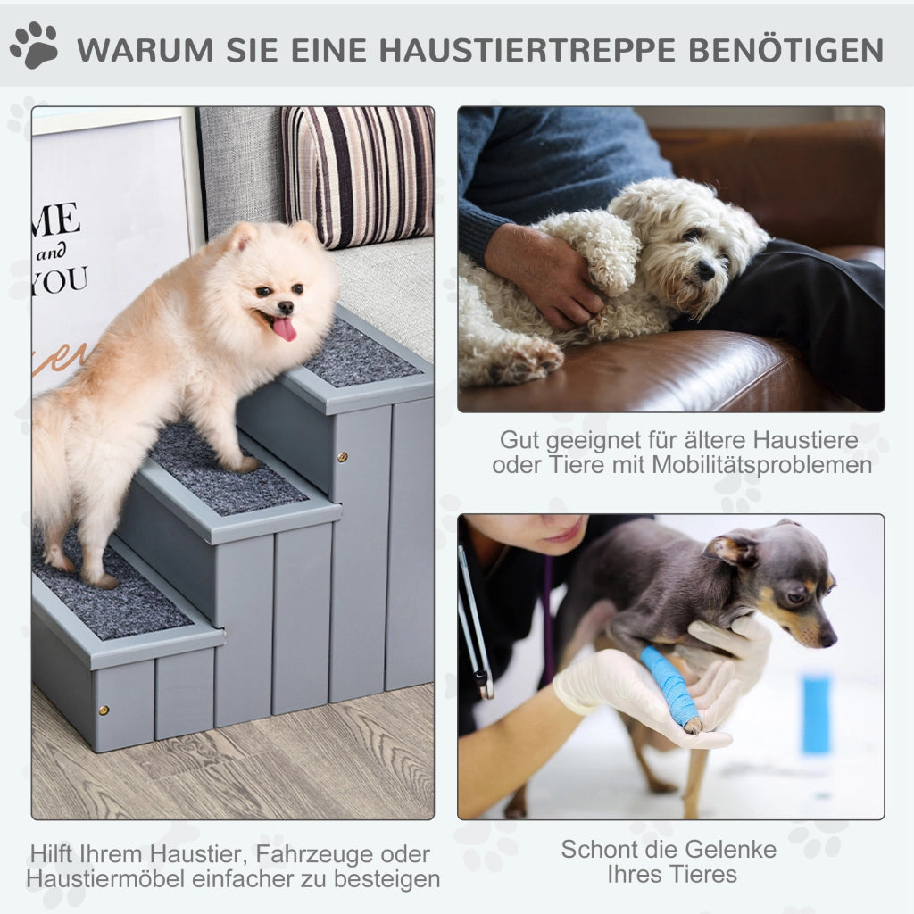 Scala per animali domestici a 3 gradini con portaoggetti e feltro antiscivolo in legno grigio 40,5 × 44,5 × 38 cm