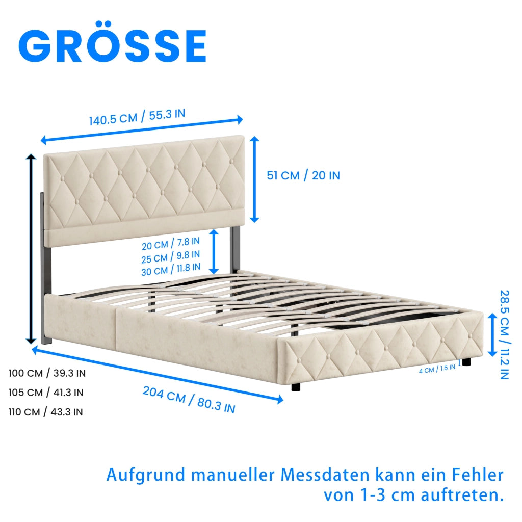 Letto matrimoniale imbottito 140x200 cm beige in velluto con rete a doghe e struttura in MDF, compensato e ferro