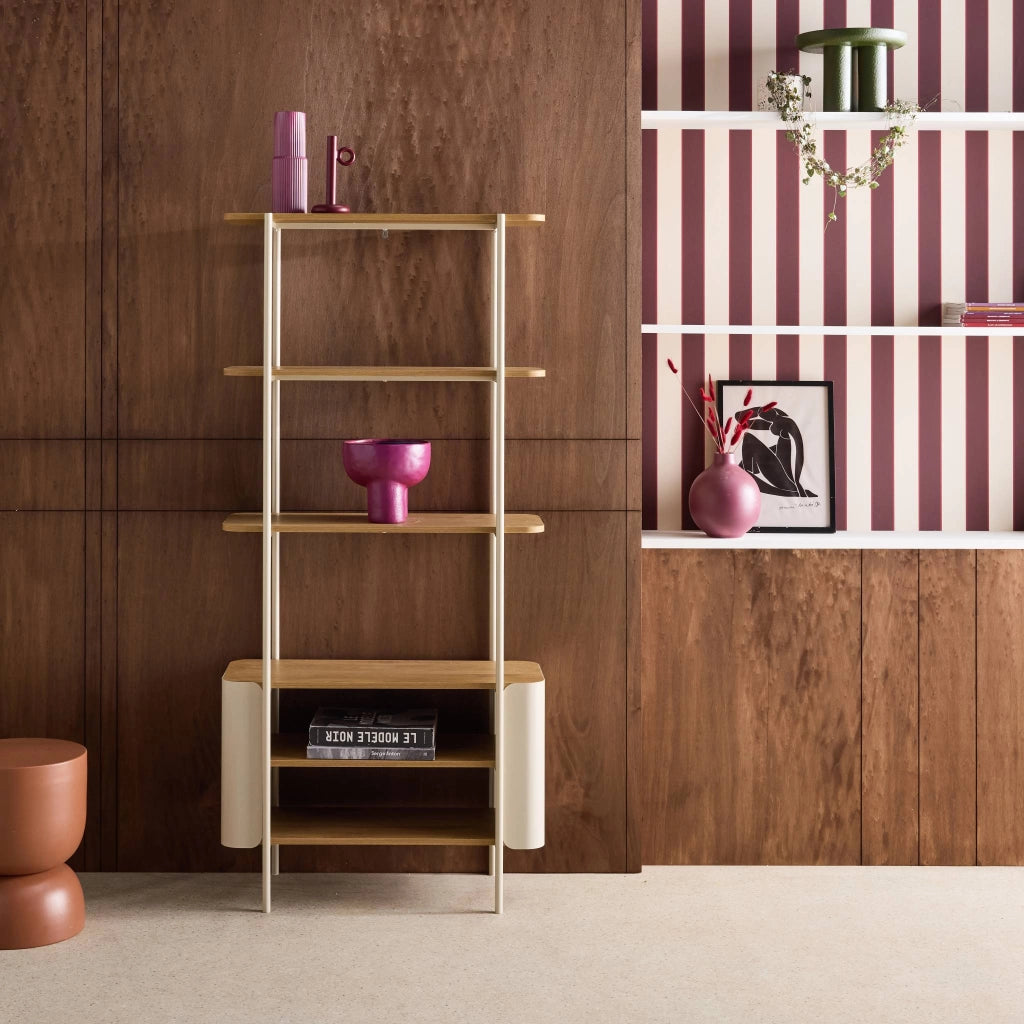 Libreria in metallo curvato e legno a 6 livelli, beige