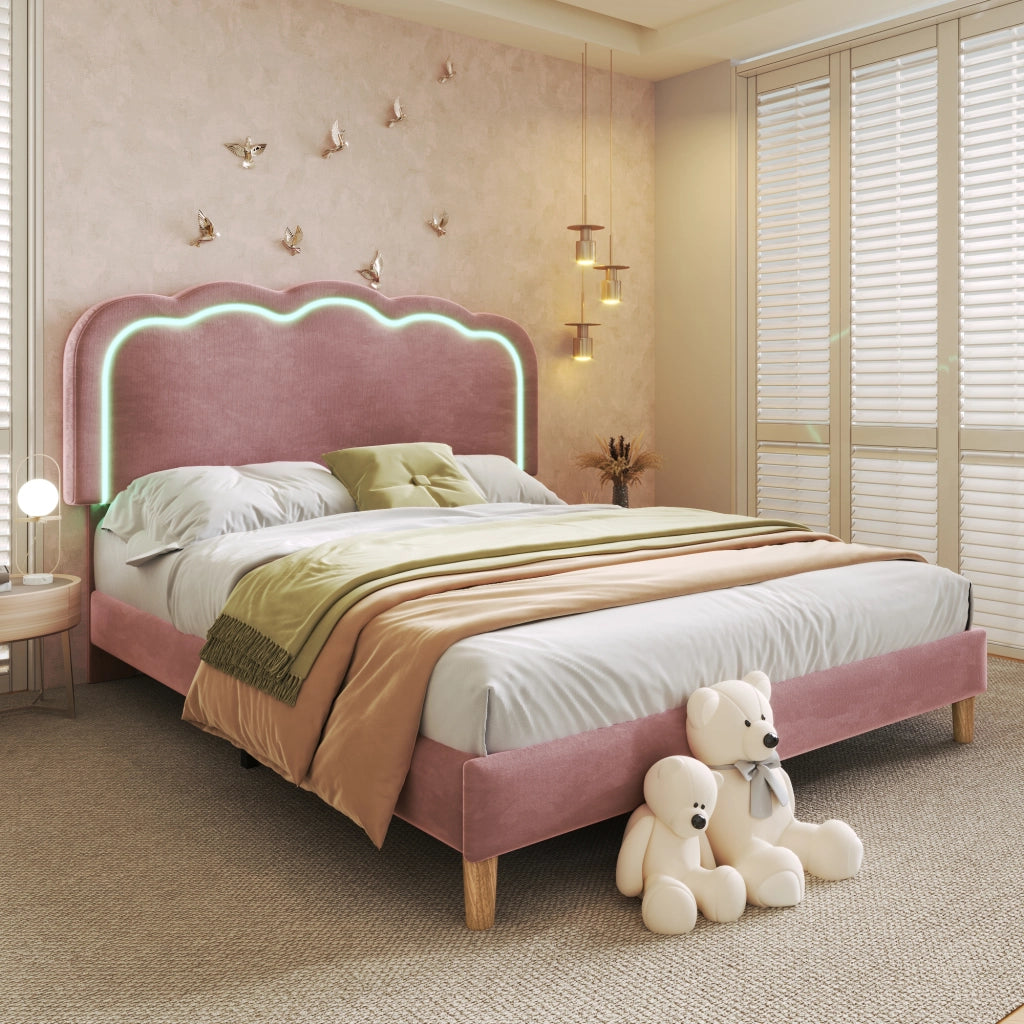 Letto imbottito LED 140 x 200 cm in velluto rosa, con testiera regolabile e rete inclusa