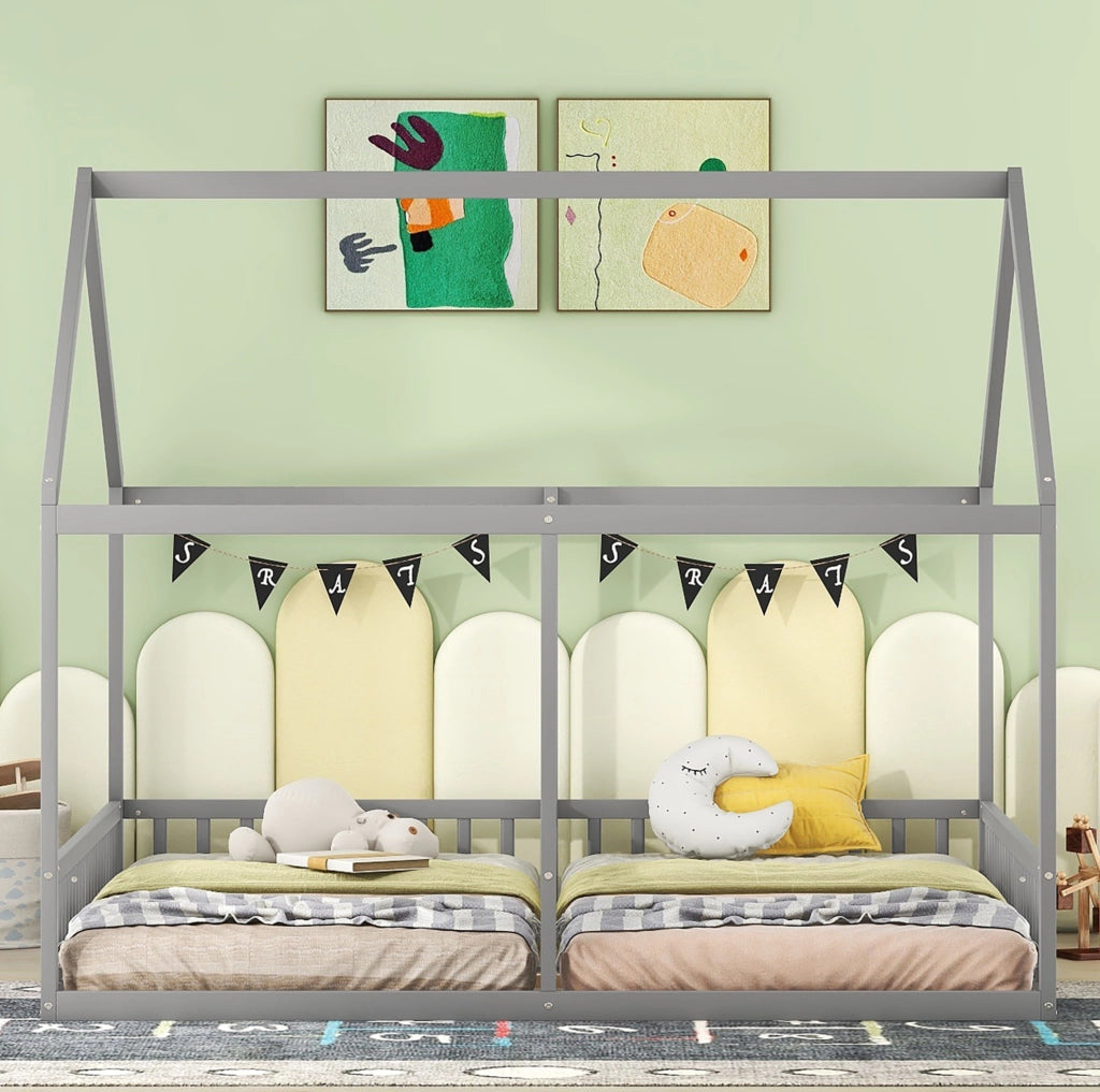 Letto per bambini 2 in 1 a casetta grigio 90 x 200 cm in pino e MDF