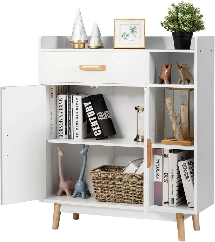 Cassettiera bianca con 1 cassetto e 2 ante e 3 scomparti aperti, armadietto autoportante con dispositivo di sicurezza ribaltabile, 80 x 30 x 95 cm
