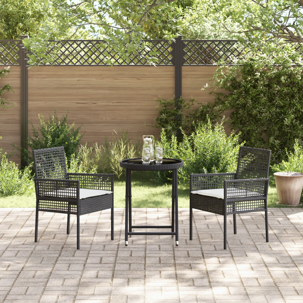 Set Bistro da Giardino 3 Pezzi con Cuscini Rattan Nero