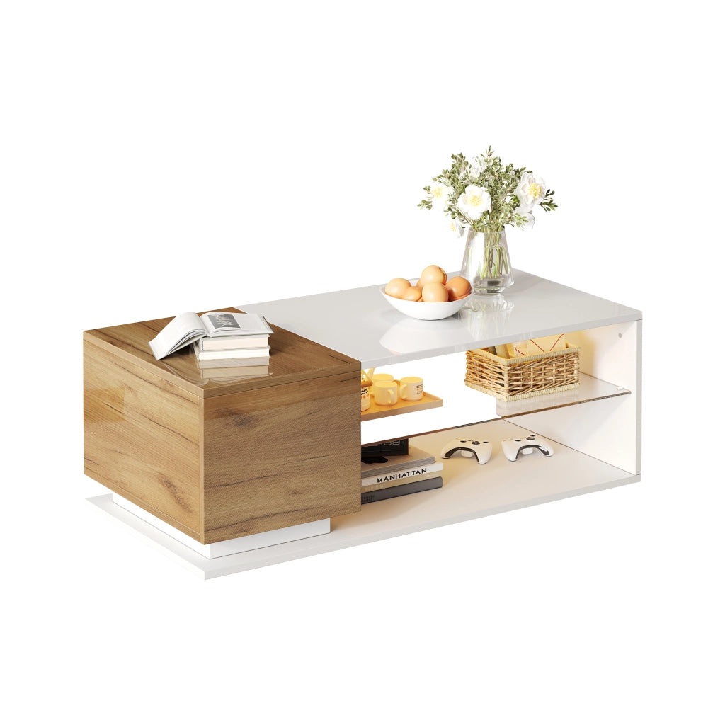 Tavolino basso con LED e vano contenitore, moderno, in truciolare, per soggiorno, bianco rovere, 105 × 50 × 36 cm