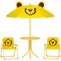 Set da Giardino per Bambini 2-5 Anni con Tavolino Rotondo, 2 Sedie Pieghevoli e un Ombrellone, Giallo