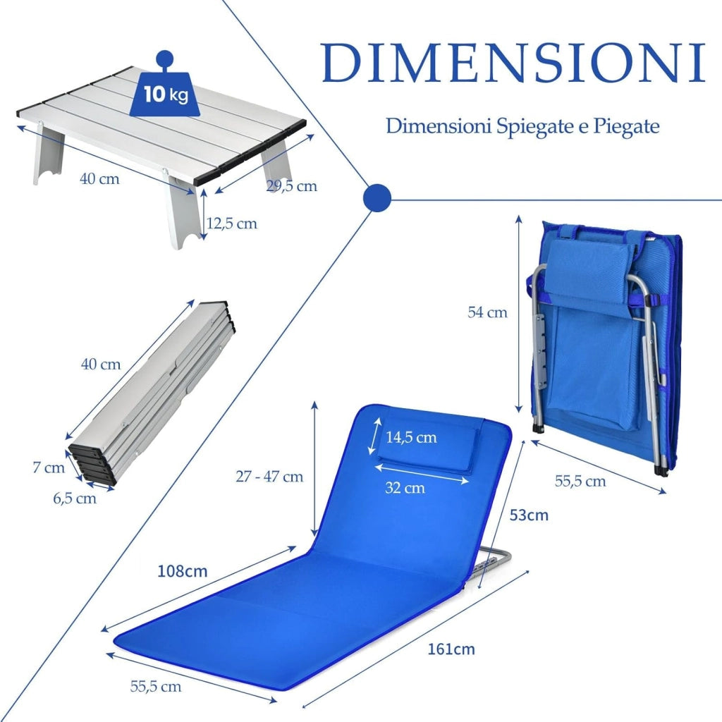 Set 2 Sdraio da Spiaggia con Tavolino, Tappettino Spiaggia Pieghevole con Schienale Reclinabile, Poggiatesta e Tasca Posteriore, Portatile con Manico, per Giardino e Campeggio (Blu)