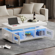 OKWISH Tavolino da Salotto con 2 Ante, 2 Vani e 1 Ripiano, LED e Presa USB, per Soggiorno, Bianco, 100 x 50 x 43 cm