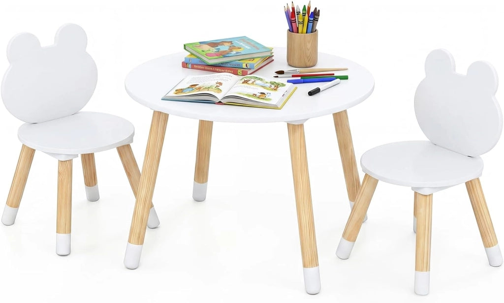 Set Tavolo e Sedie per Bambini, Tavolino e 2 Sedie a Forma di Rana con Gambe in Legno e Angoli Arrotondati, Set Mobili Salvaspazio per Bambini 3+ Anni per Cameretta Ragazzi (Bianco)