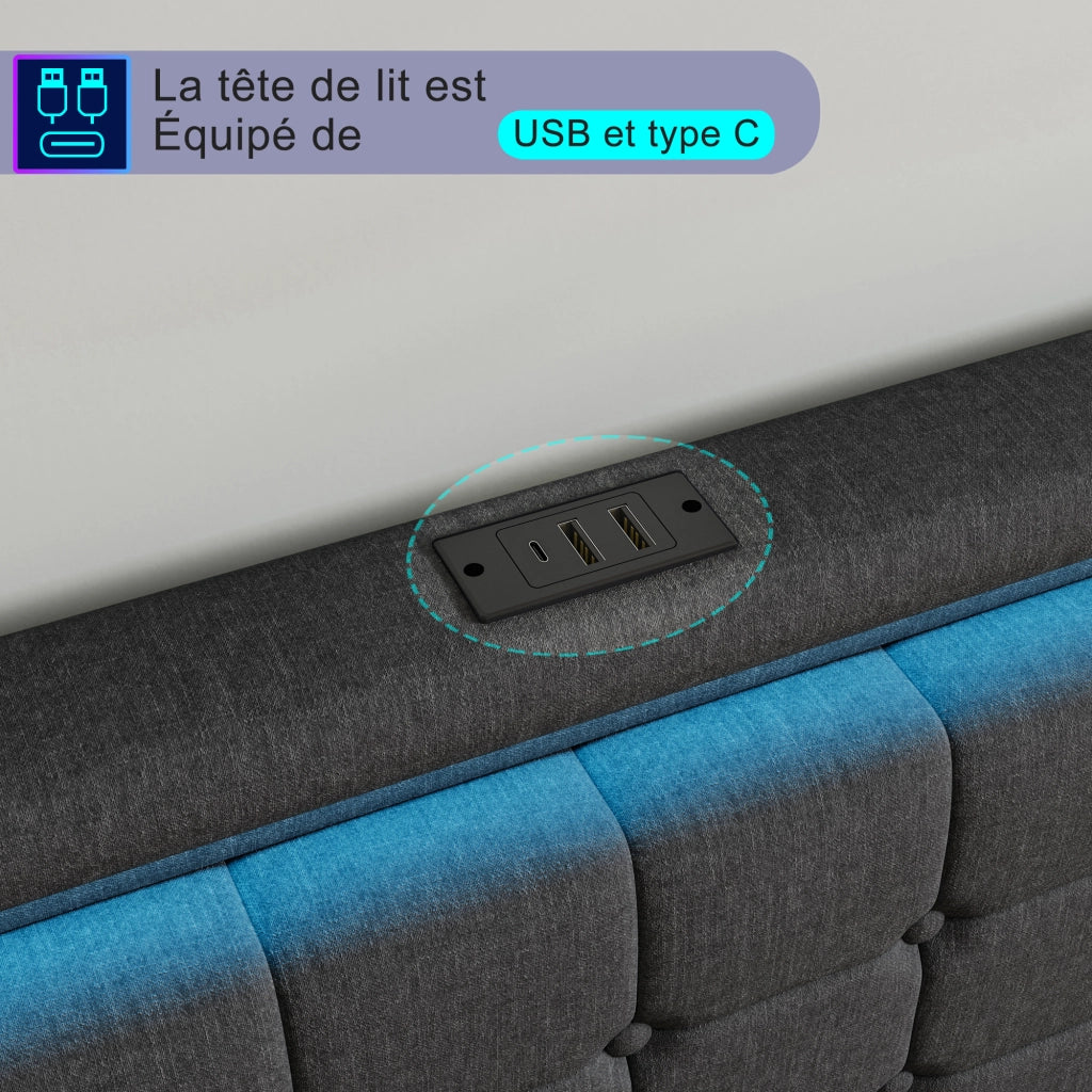 Letto matrimoniale 140 x 200 cm con 4 cassetti; LED e porte USB; grigio scuro
