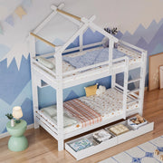 Letto a castello con cassetti - Xylo - 90x200 cm - Bianco - Scala rettangolare con 3 gradini e protezione