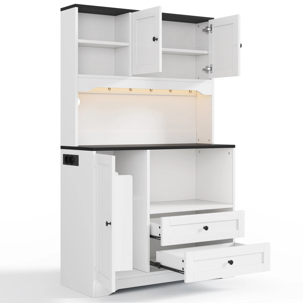 Mobile Dispensa 100x40x163 cm Bianco con LED App, Vano Microonde, 2 Prese, 2 USB e 2 Cassetti