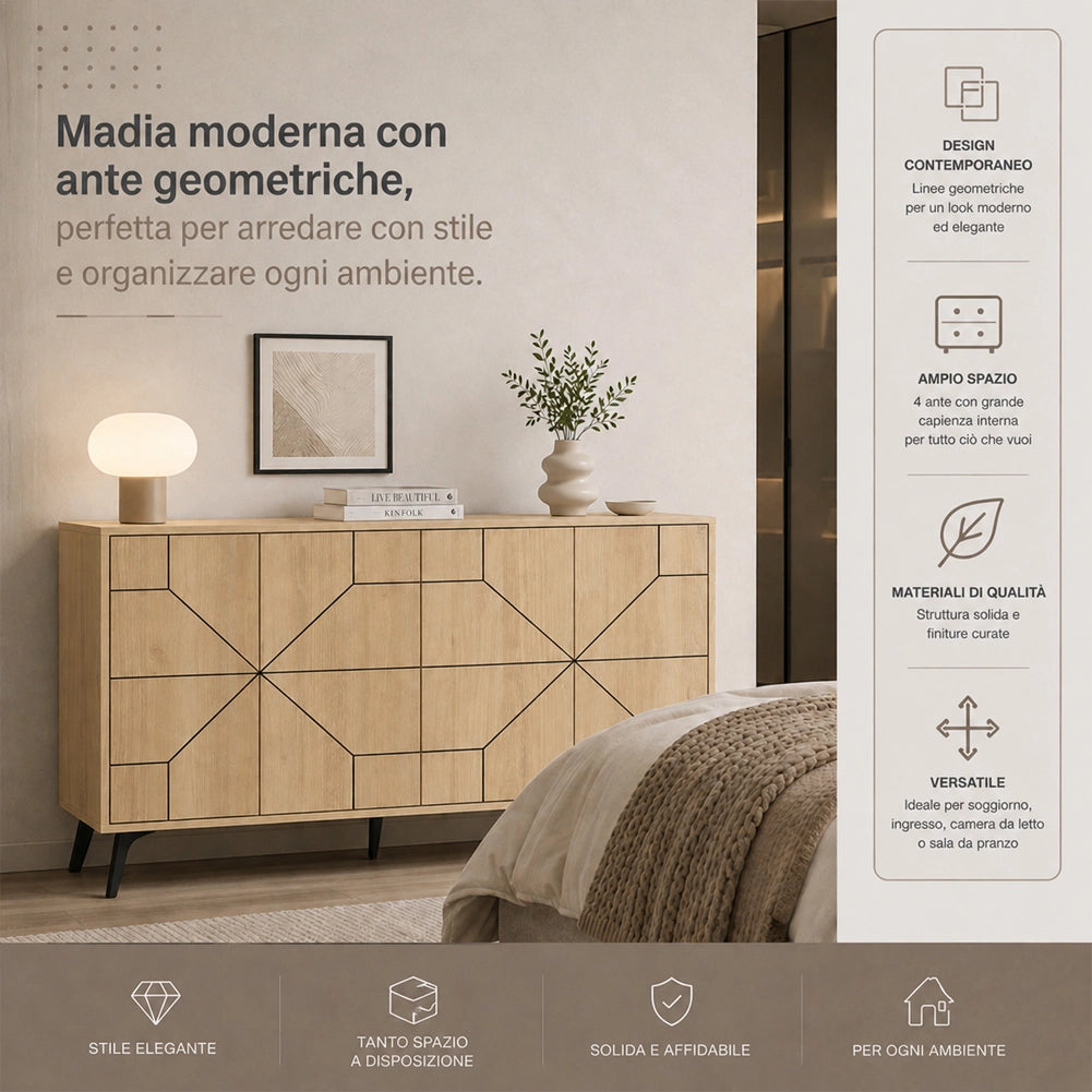 Madia con 4 Ante Credenza Design Geometrico Moderno in Legno 123x77 cm Quercia
