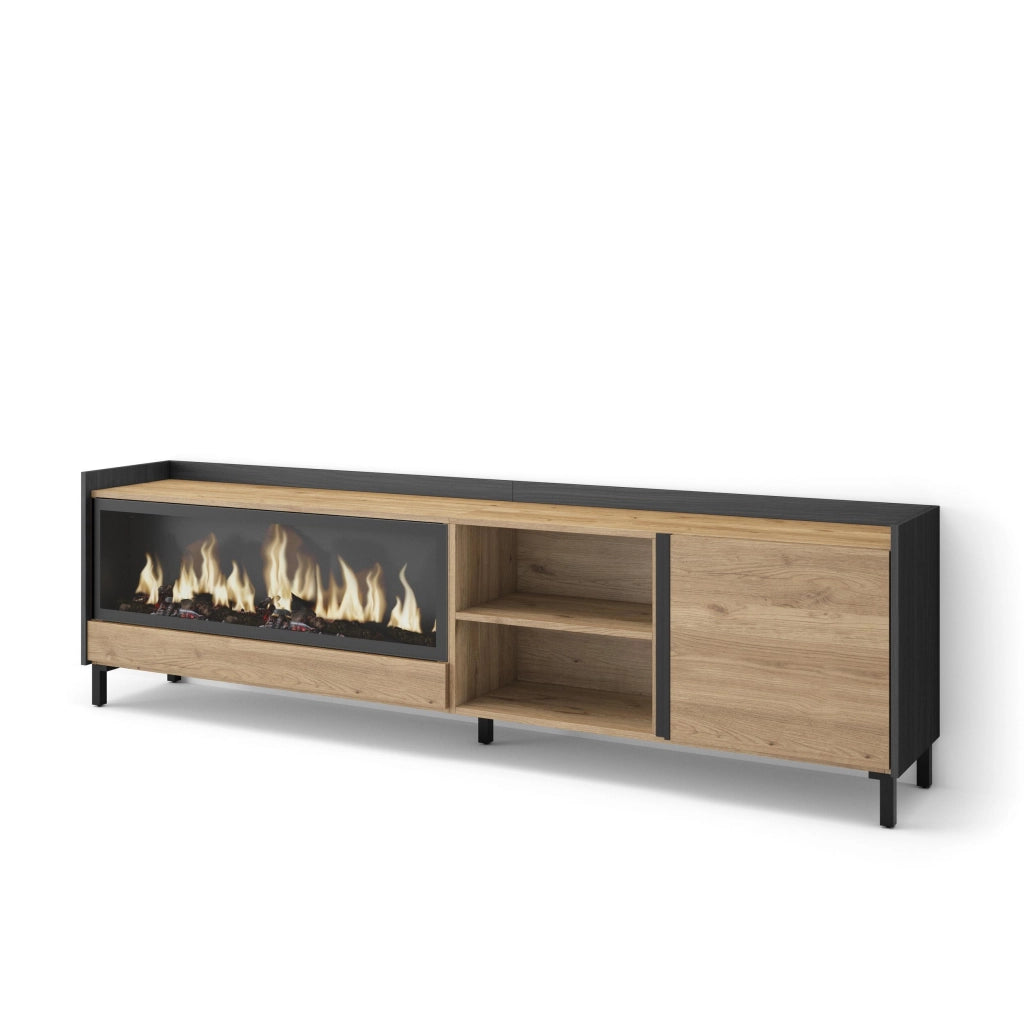 Mobile TV Soggiorno, 212x61x35 cm, Per TV fino a 80", Camino elettrico XXL, Design industriale, Rovere e nero
