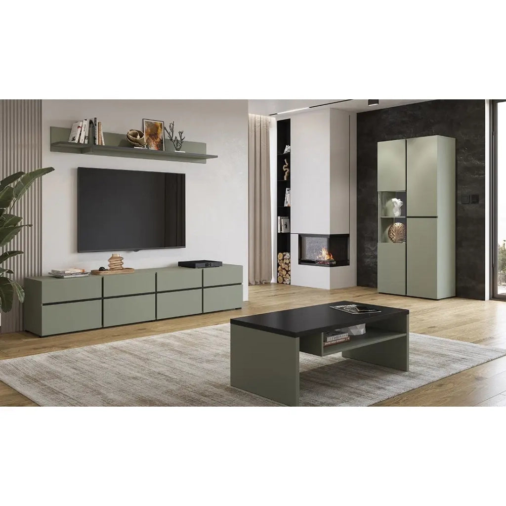 Vetrina alta 2 porte collezione HAVANA con LED integrato. Colori salvia e nero.
