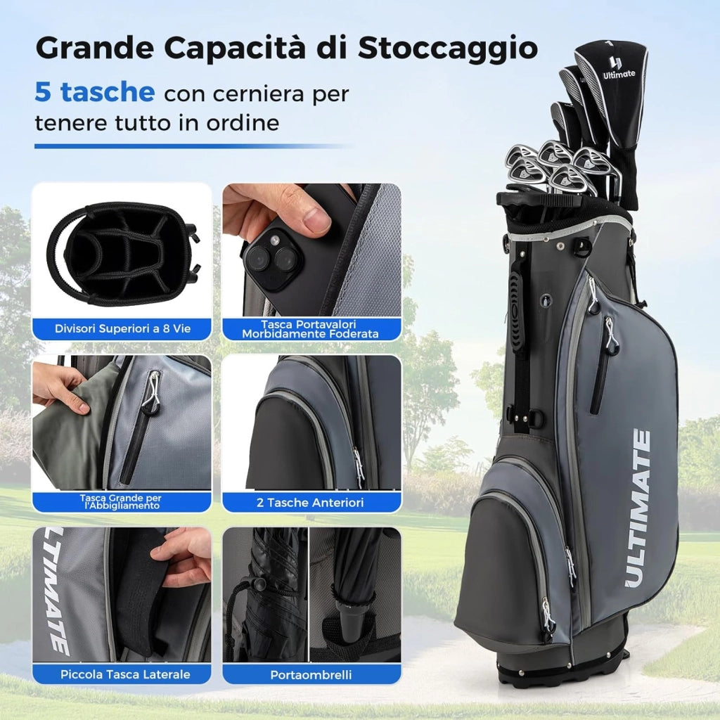 Set Completo di Mazze da Golf per Destri da Uomo, con Driver da 460 cc, Legno da Fairway 3, Ibrido 4, Ferri 6 7 8 9, P, Putter e Borsa per mazze da golf