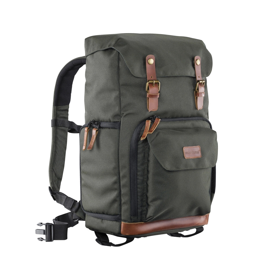 Mantona Luis Retro Zaino fotografico verde, per fotocamera con copertura antipioggia, borsa fotografica con scomparto per laptop, DSLR, 3 obiettivi e accessori fotografici